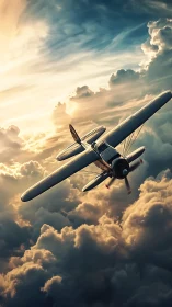 Vintage biplane climbs through volumetric sunset cloud layers