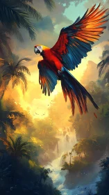 Scarlet macaw slices through sunlit rainforest atmosphere