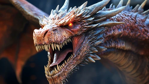 Ferocious red dragon roars in hyper-detailed close-up profile.