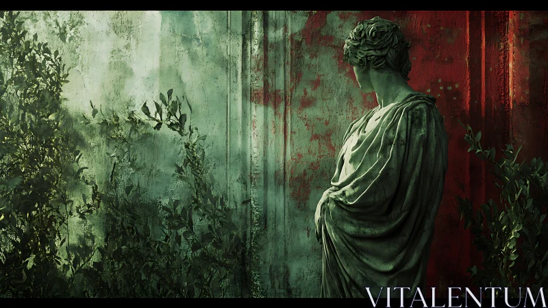Marble muse listening to ivy in a crimson garden hush.