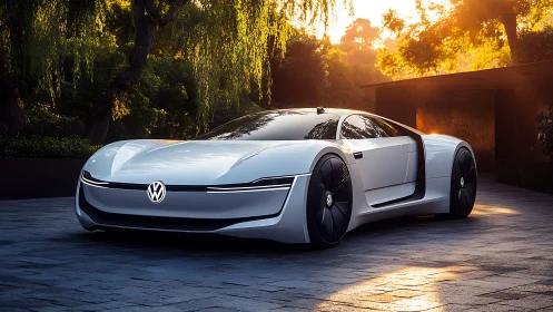 Sleek white concept car glowing in soft golden sunset light.