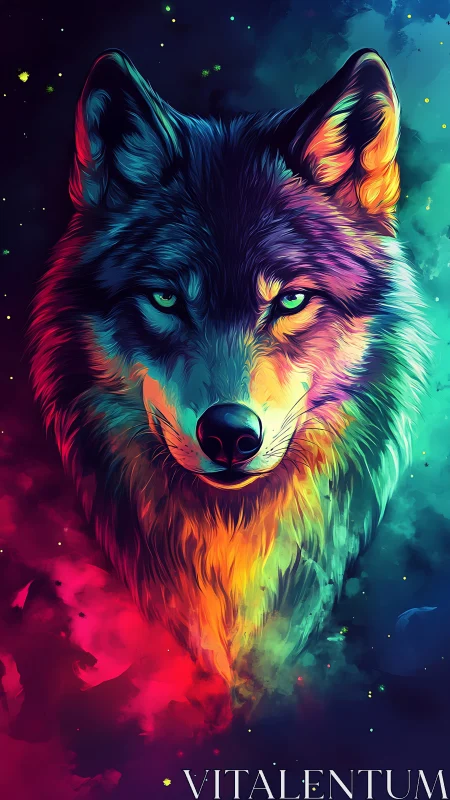 Radiant cosmic wolf gazes calmly through swirling nebula light
