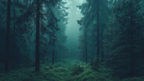 Misty Forest Path Through Towering Pines.
