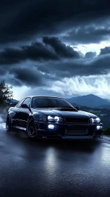Midnight street racer prowls beneath storm‑lit clouds.
