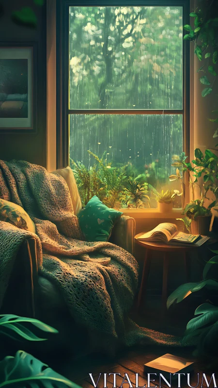 Digital painting of cozy reading nook by rainlit window interior.