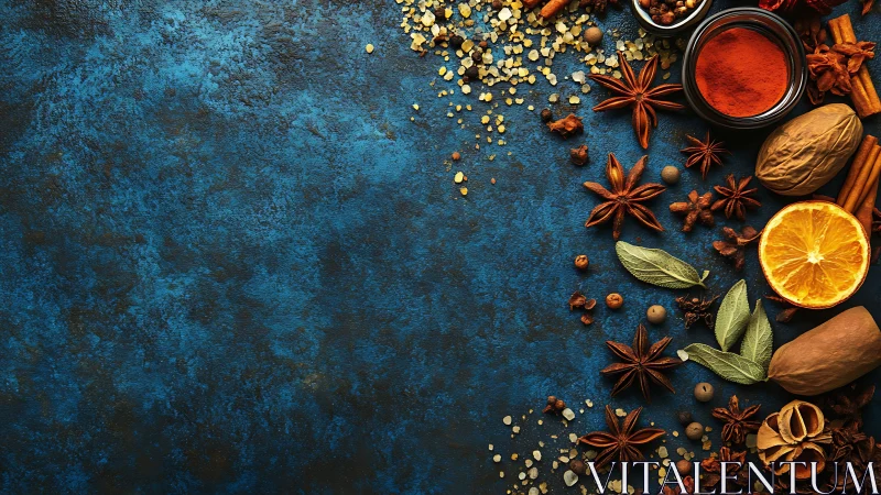 Chromatic spice array on textured ultramarine culinary surface.