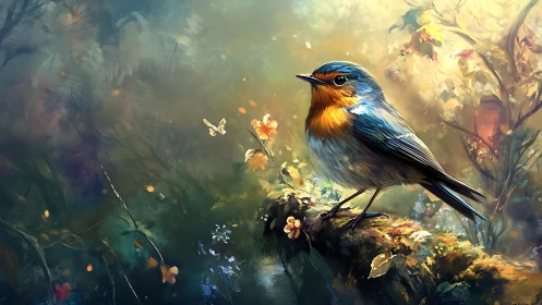 Vibrant songbird on mossy branch in dreamy, impressionist style.