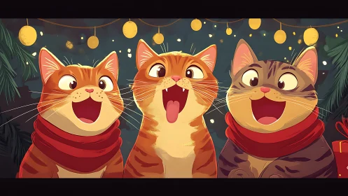Three Festive Cats in Celebratory Setting with Lanterns.