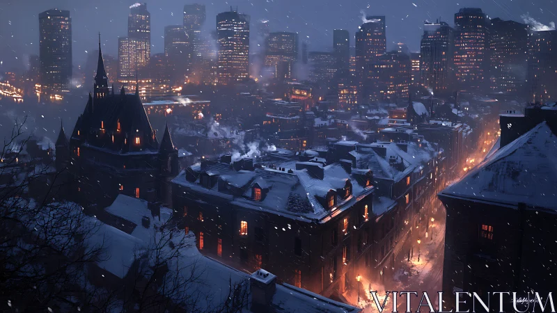 Snowbound historic district under luminous winter skyline.