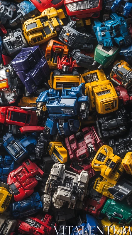 Color-sorted toy robots form dense mechanical mosaic field.