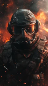 Firestorm commando strides through sparks and molten night.