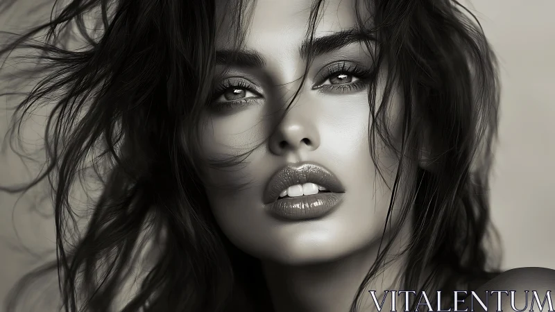 Monochrome hyperreal female portrait with cinematic closeup.