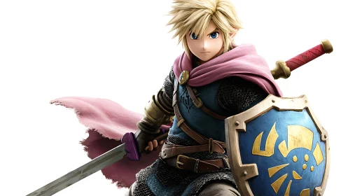 Blond anime swordsman braces for battle with gleaming shield.