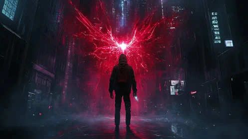Hooded figure faces red energy burst in foggy cyber city