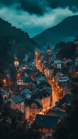 Amber-lit valley town glows beneath brooding storm clouds.