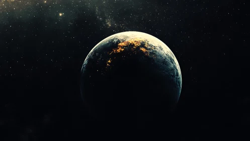 Quiet sunrise over a glowing planet in deep space.