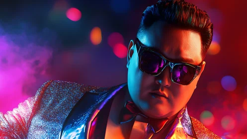 Chromatic nightclub portrait with reflective neon speculars.