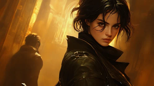 Cinematic female rogue in leather coat under molten backlight