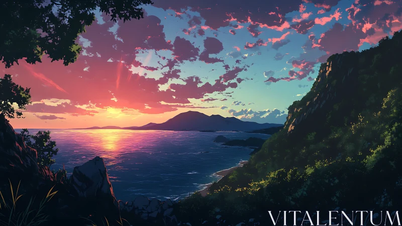 Sunset light washes over a tranquil anime coastline seascape.