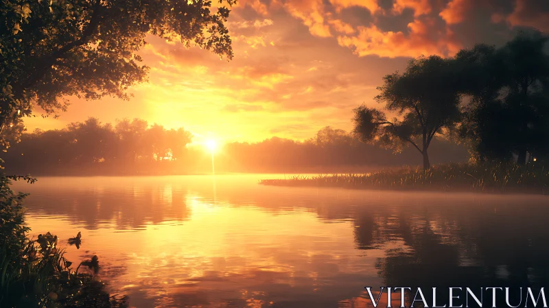 Sunlit misty lake reflects blazing golden dawn sky.