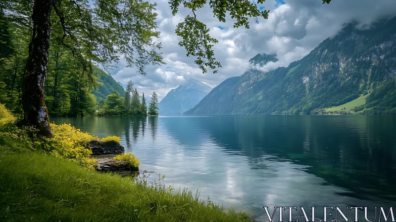 Alpine glacial lake with specular reflections and cloud mantle.