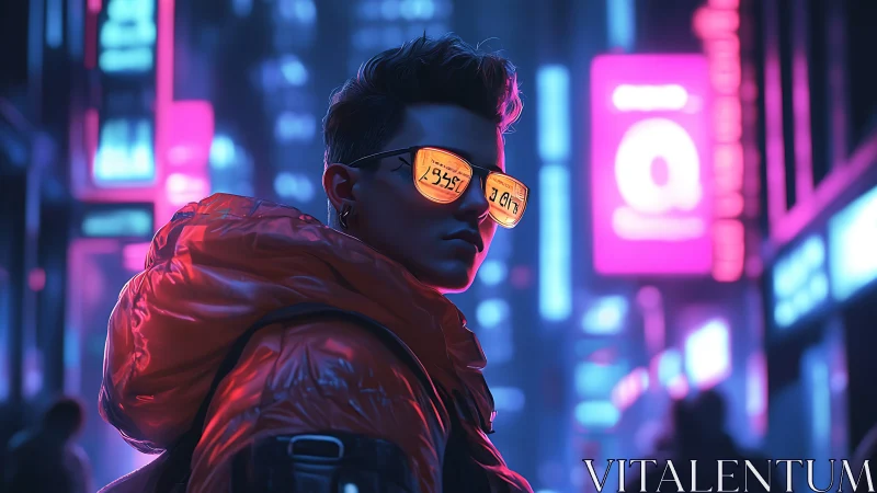 Young person in neon city street wearing reflective glasses