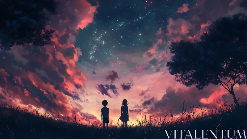 Stargazing children beneath a vivid twilight nebula sky.