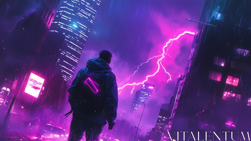 Neon lightning storms a cyberpunk cityscape in violet rain