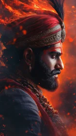 Digital painting profile of regal warrior in ember-scorched aura.