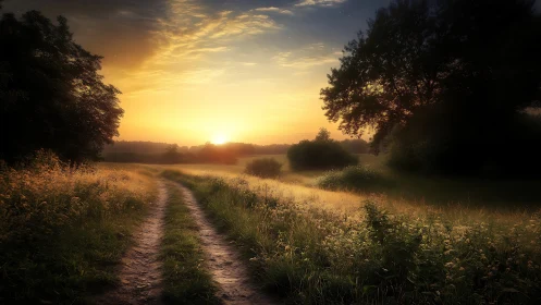 Country dirt path through fields under warm sunset light.