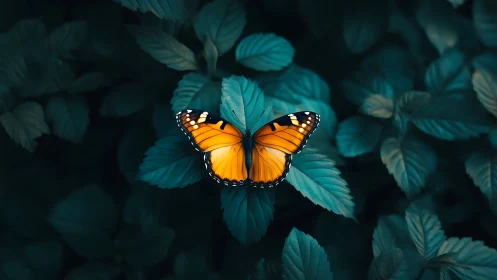 High-contrast orange butterfly on teal foliage with shallow depth