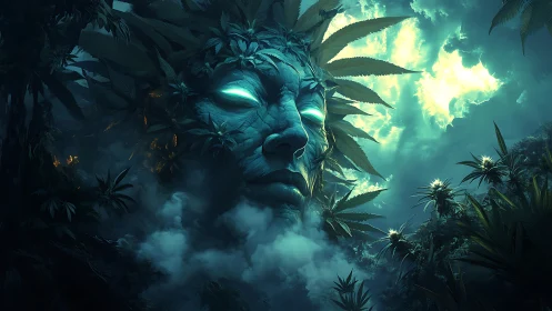 Mythic jungle deity with luminous eyes in stormlit mist.