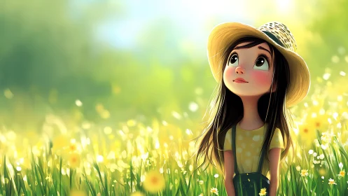 Luminous meadow portrait of wide‑eyed child in straw hat.