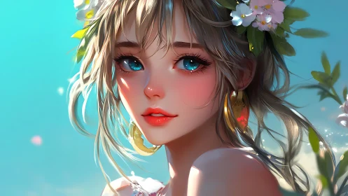Anime girl portrait with flowers, blue sky and sunlight.