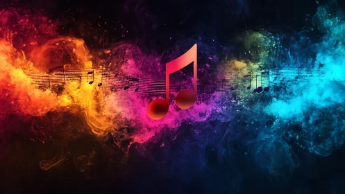 Chromatic soundwave spectrum with central musical notation symbol.
