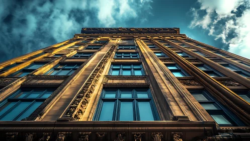 Upward perspective of ornate high-rise façade under dramatic sky