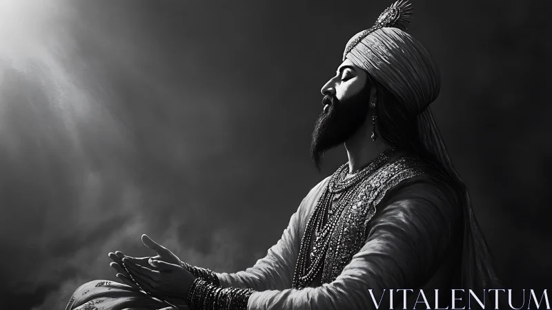 Serene turbaned leader resting in soft spiritual light.