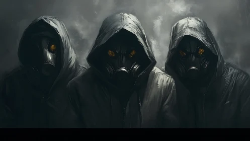 Digital painting of hooded gas-masked figures in toxic haze.