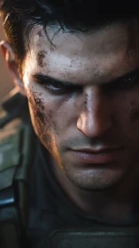 Photorealistic close-up portrait of battle-worn soldier face.