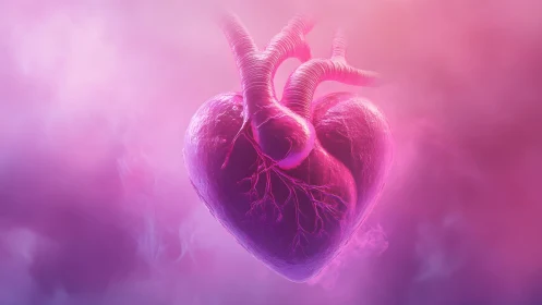 Realistic human heart floating in dreamy pink and purple mist.