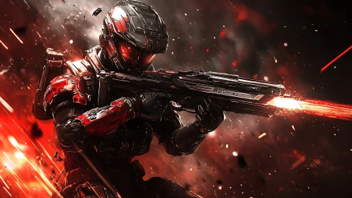 Blazing space trooper unleashes crimson firestorm in battle.