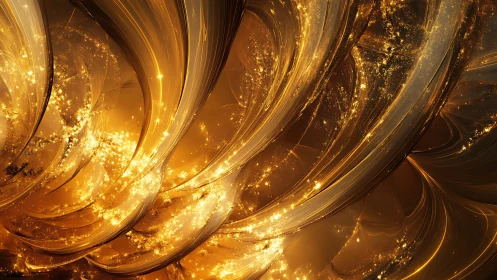 Curved luminous ribbons of golden fractal light swirl dynamically