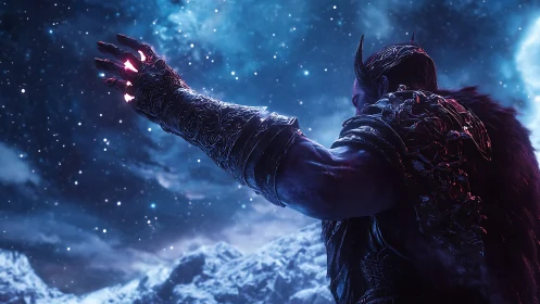 Armored horned warlord raises glowing hand in starscape