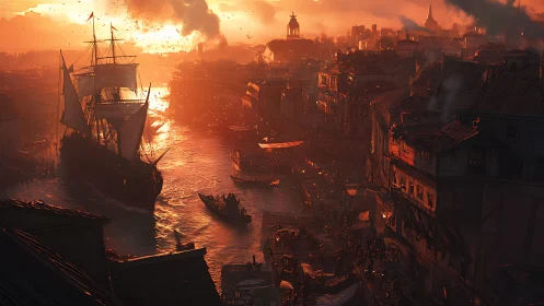 Fiery sunset illuminates bustling historic harbor cityscape