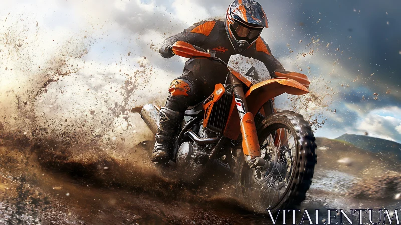 Motocross rider leans into muddy turn while throwing dirt spray