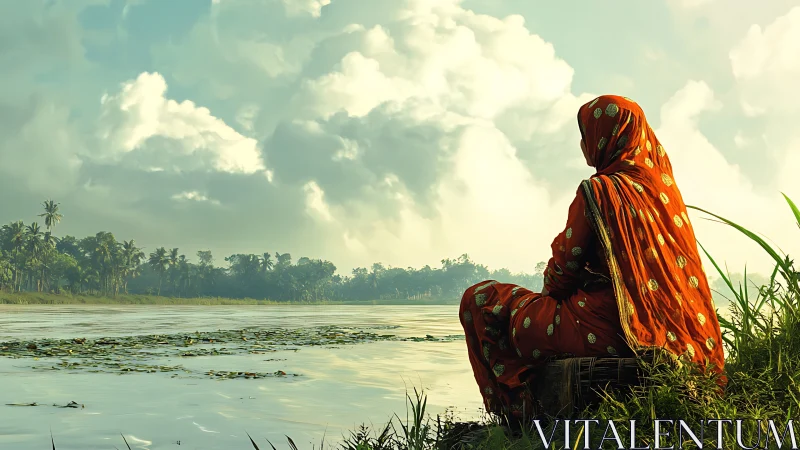 Woman in Red Saree Sitting by Serene Riverside in Natural Light.