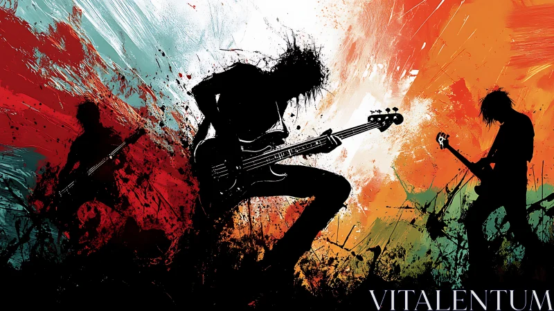 Silhouetted rock band against abstract multicolor backdrop.