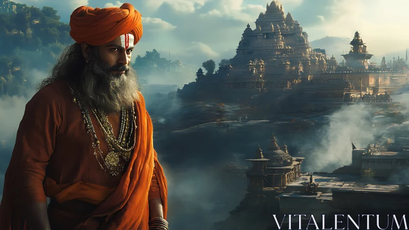 Photorealistic portrait of sage before misty temple complex.