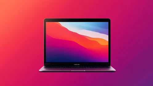 Luminous laptop glows against radiant magenta sunset gradient.
