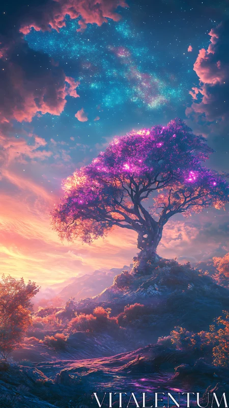 Starblossom tree under cotton candy nebula skies.